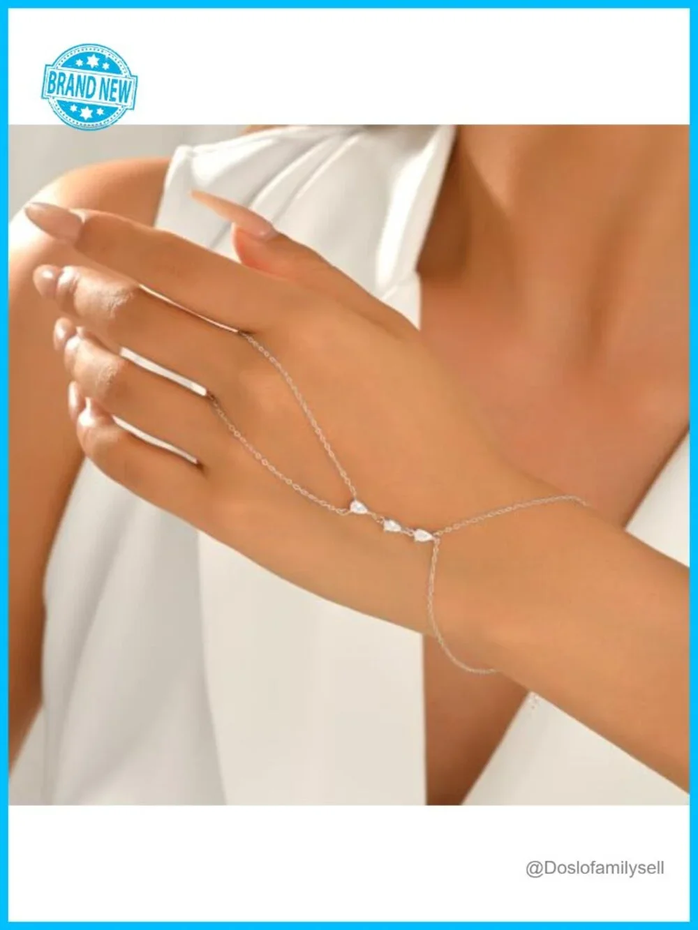 925 Sterling Silver Hand Chain Bracelet 14k Gold Plated Teardrop CZ Ring